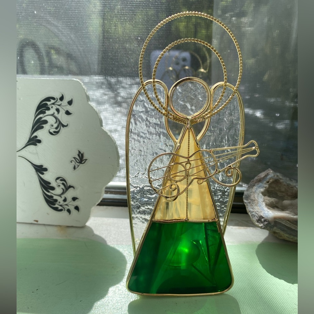 Stained Glass Angel Tea Light Candle Holder Figurine with Violin